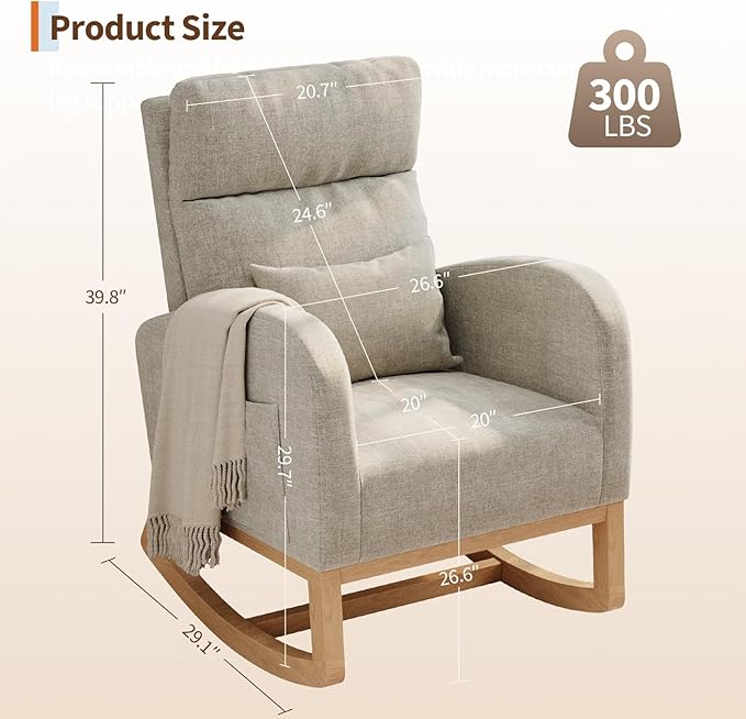 GarveeHome Linen Rocking Chair Modern Nursery Glider Chair with Side Pockets and Pillow Rocker Chair for Living Room Bedroom Nursing Room Grey