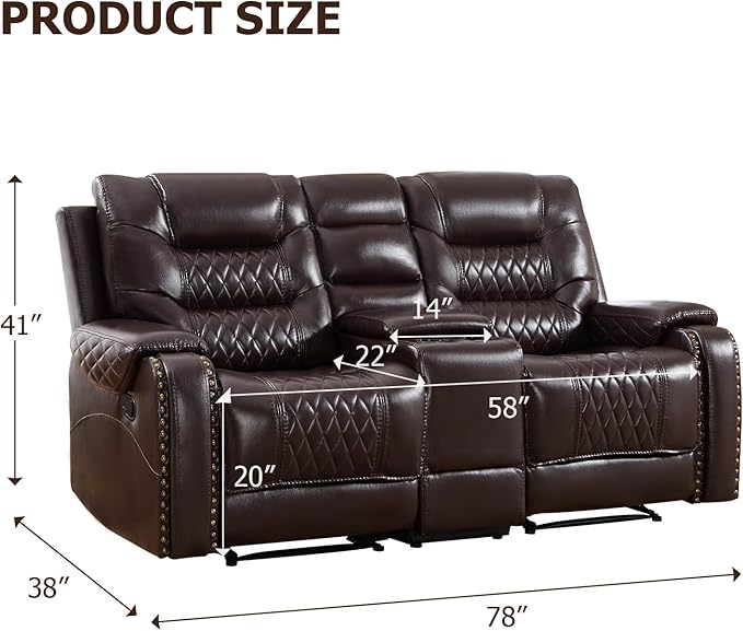 EBELLO Manual Reclining Loveseat Faux Leather Double Recliner Sofa with Center Console Hidden Storage &amp Cup Holders Vintage Rivet Mid-Century Modern Design for Living Room Dark Brown