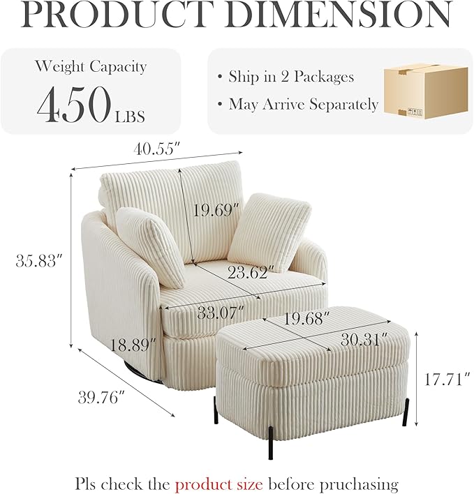 Aoiy &amp Wifon 40.55 W Oversized Swivel Chair with Ottoman Swivel Accent Chair with Ottoman for Living Room Corduroy Ivory