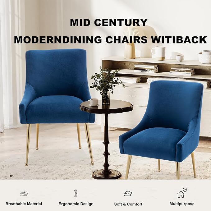 Dining Chairs Set of 6 Modern Velvet Dining Room Chairs with Gold Legs Upholstered Accent Chairs for Living Room/Restaurant/Study Room(Navy)