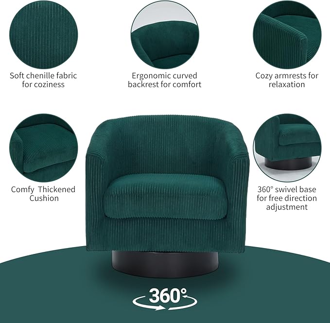 Swivel Accent Chair 360° Swivel Barrel Chair Comfy Upholstered Corduroy Club Armchair for Living Room Reading Room Bedroom (Dark Green)