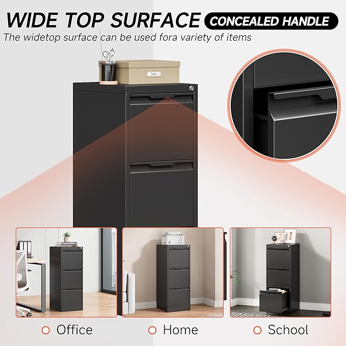 3 Drawer File CabinetFiling Cabinets for Home Office Metal Vertical File Storage with Lock Locking for A4 Legal/Letter Assembly Required(Black)