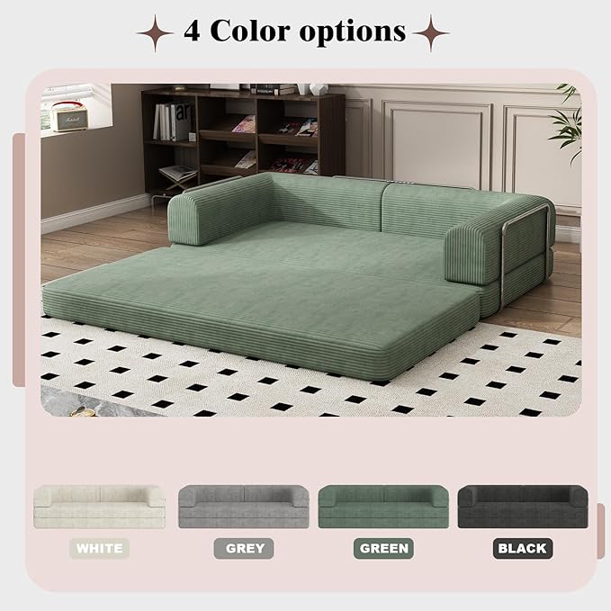 Convertible Corduroy Sleeper Sofa BedFolding Mattress Couch with Fixed-Shape Frame 3 Seater Fold Out King Size FutonNo Assembly Floor Couch for Living Room Dorm Studio 78.7*39.4*29.6 Inch Green