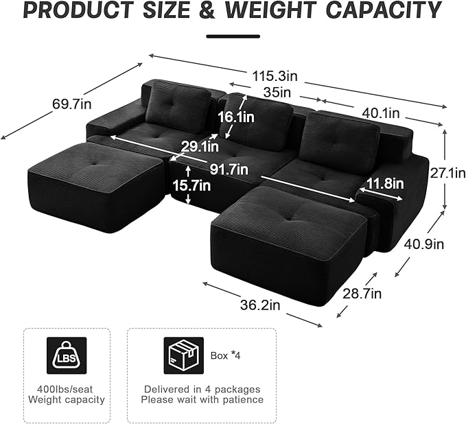 115.3” Black Boneless Couches for Living Room Modular Sectional Sofa with U-Shape Chaise 3 Seater Comfy Upholstered Deep Seat Corduroy Fabric Cloud Couch No Assembly Anti-Slip Design