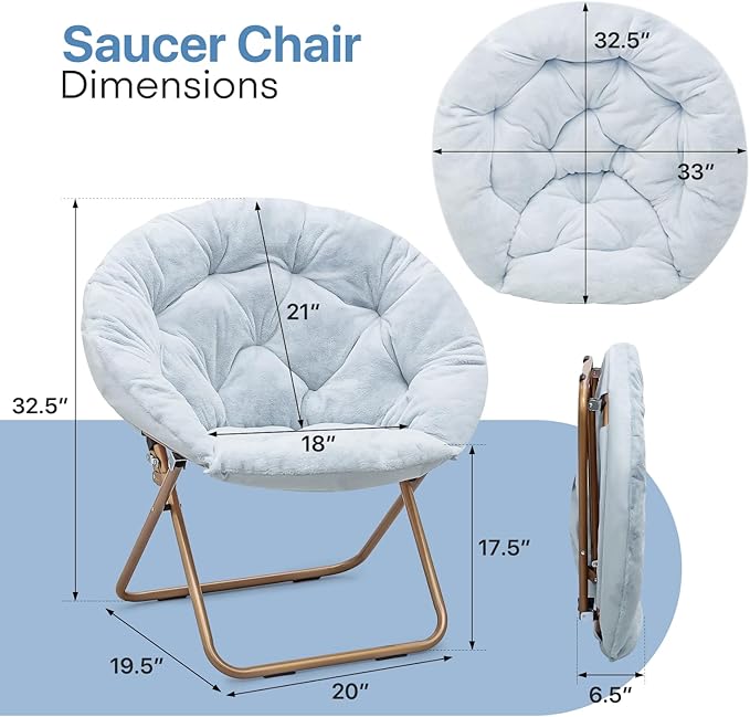 Foldable Oversized Moon Chairs Set of 2 Large Soft Lazy Cozy Comfortable Faux Fur Round Saucer Moon Chairs Set of 2 for Teens and Adults Light Blue