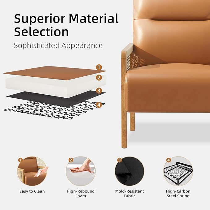 Rattan Accent Chair with Rattan Arms Mid Century Modern Chair for Living Room Faux Leather Upholstered Comfy Chair for Bedroom Reading Room Home Office Whisky Brown
