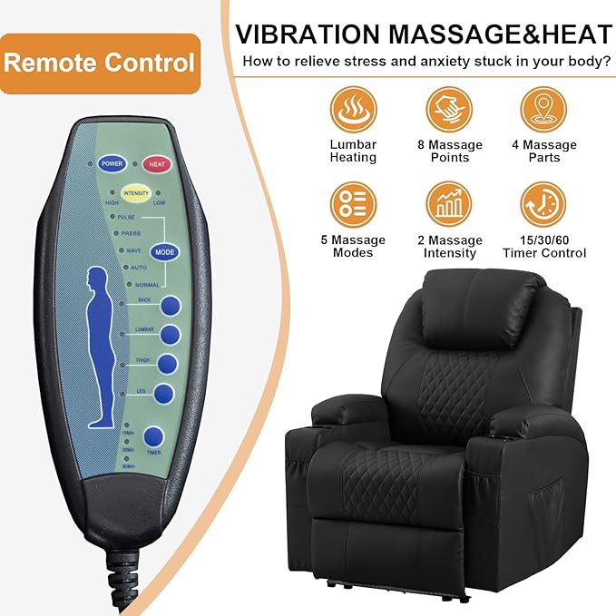 AHMED Power Recliner Chair with Vibration Massage &amp Heat for Adults Faux Leather Home Theater Seating with Cup Holders/LED Lights/USB Ports/Side Pockets for Living Room Black