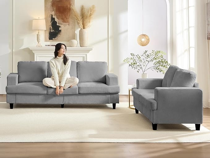 Mjkone 82 Width 2 Pieces Living Room Sofa Sets 3 Seater Sofas Couch and Loveseat Set Sofas Couches Living Room Furniture Sets Sectional 3-Seat Sofa + Loveseat Couch Set for Home Office Light Grey