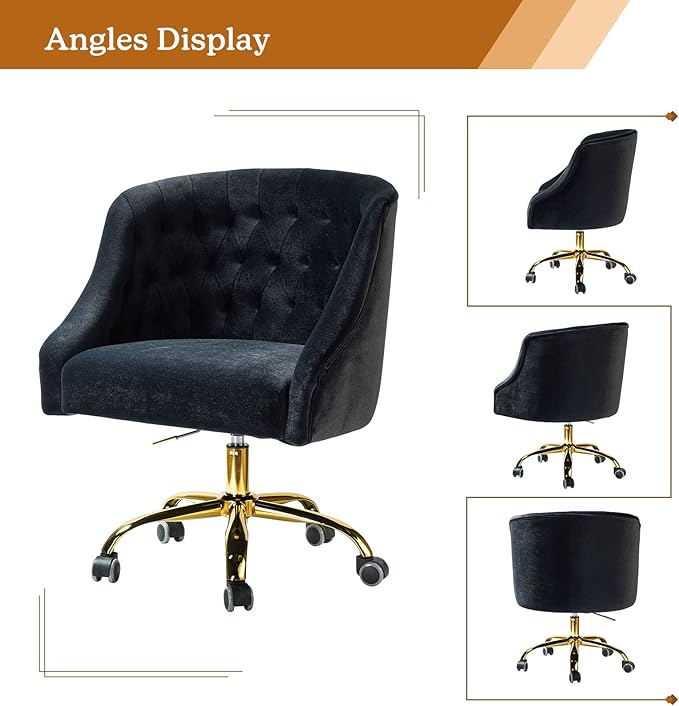 Velvet Home Office Chair with Gold Base Comfortable Modern Cute Desk Chair Adjustable Swivel Task Chair for Living Room Bedroom Vanity Study Black
