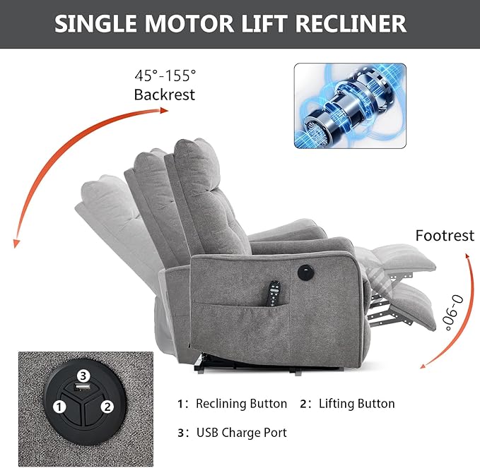 Small Power Lift Chair Recliner for Elderly Petite Power Recliner Chair with Massage and Heat | USB | High Back | Push Button | Side Pockets Liviing Room Easy Assembly (Chenille Light Grey)