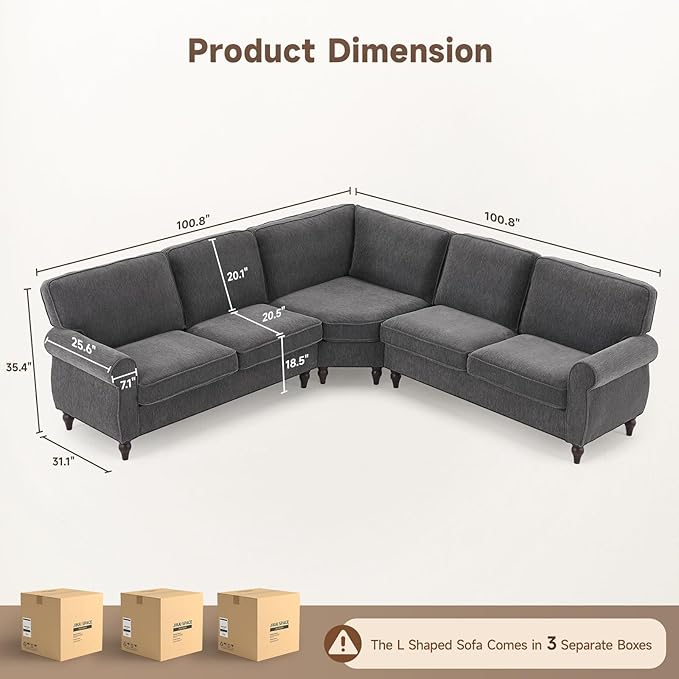 ONBRILL 101 L Shaped Couch Sectional Corner Sofa with Rolled Arms 5 Seater Chenille Fabric Couch w/Springs Seat Cushion Wooden Legs Comfy Oversized Sofa for Living Room Apartment Grey