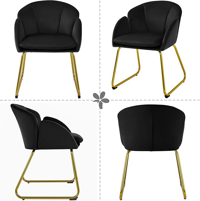 Yaheetech Velvet Living Room Chair Flower Shaped Armchair with Golden Legs Upholstered Side Chair for Vanity Room Living Room Kitchen Dining Room Set of 2 Black