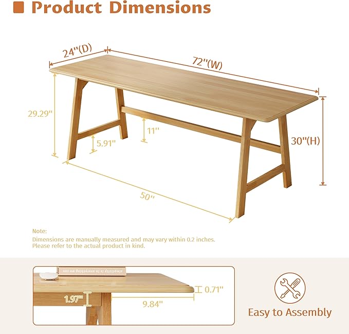 IOTXY Solid Wood Writing Table - 72 W x 24 D Minimalist Long Computer Desk for Home Office Work Study Creativity and PC Workstation Oak