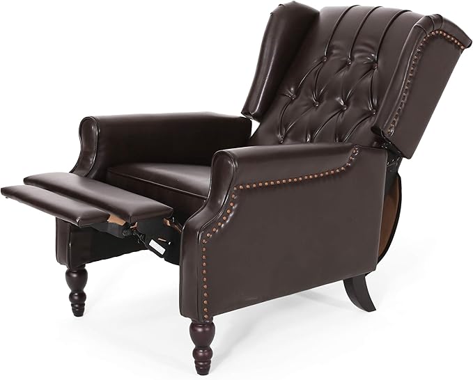 Christopher Knight Home GDFStudio Elizabeth Tufted Bonded Leather Recliner Vintage Reclining Reading Armchair 28.5D x 34.5W x 41H in Brown