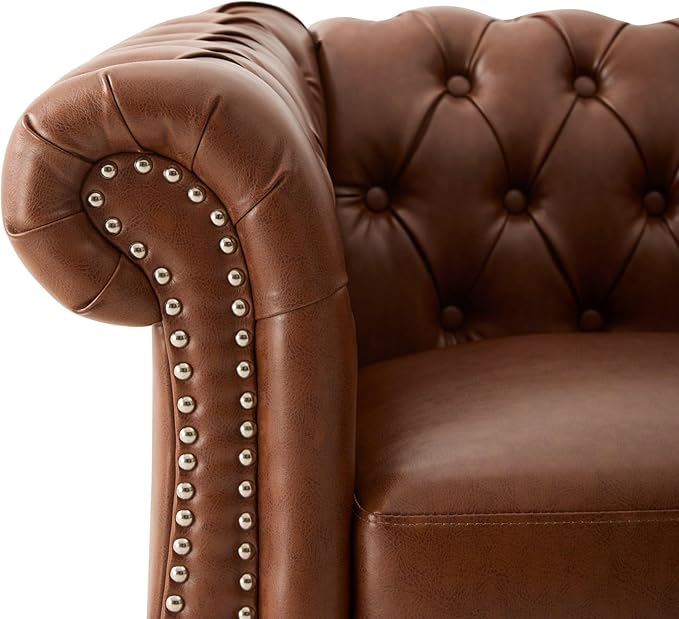 LUMISOL Single Sofa with Turned Legs Chesterfield Style Sofa Couch Furniture with Deep Button Tufting PU Accent Chair with Scrolled Arms for Living Room Apartments Office Brown