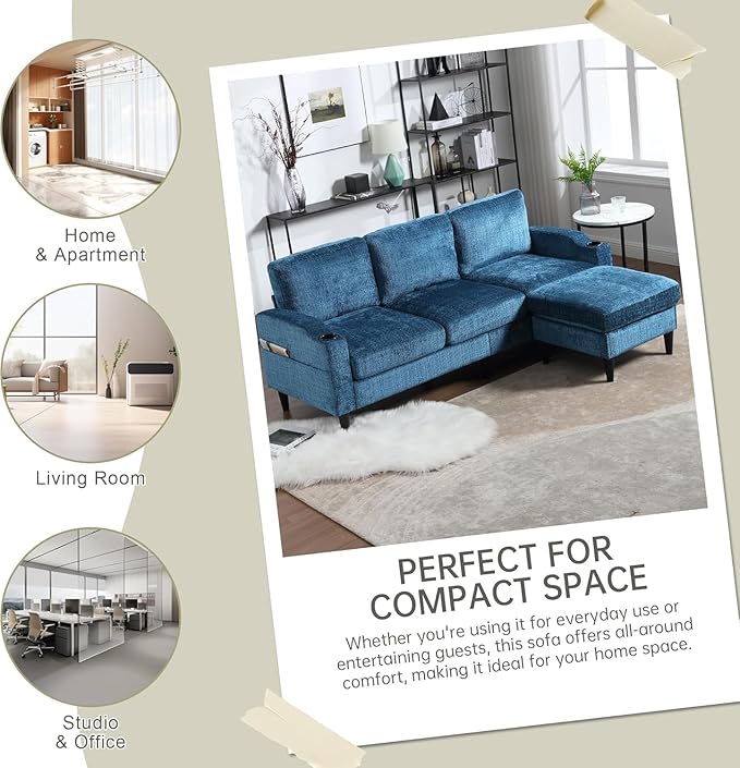 L Shaped Couch with Storage Ottoman 77 Chenille Small Sectional Couches with 2 Cup Holders &amp Storage Pocket for Small Space Comfy Cloud Sectional 3 Seater Couch Blue