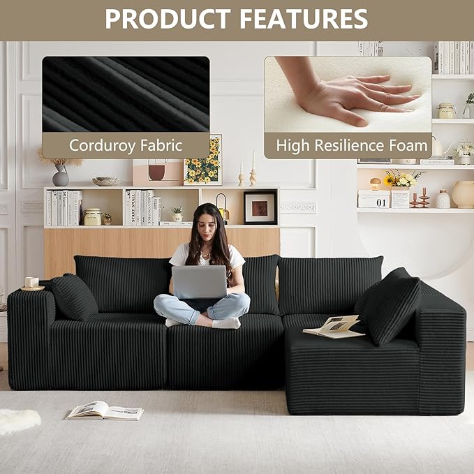 104” Modular Cloud Sectional Sofa Plush Corduroy Boneless Couch L-Shaped Sectional Deep Seat Sofas for Living Room Bedroom No Assembly Required Black