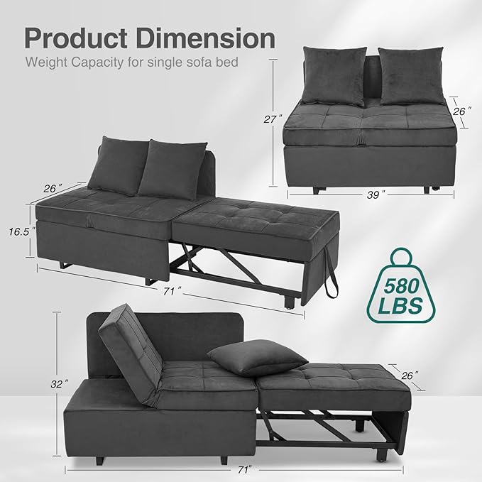 Sleeper Sofa Bed Convertible 4-in-1 Pull Out Couch with 5 Adjustable Backrest Modern Velvet Sofa with USB Ports &amp Storage Pocket (Includes Pillow) for Living Room BedroomApartment Dark Grey