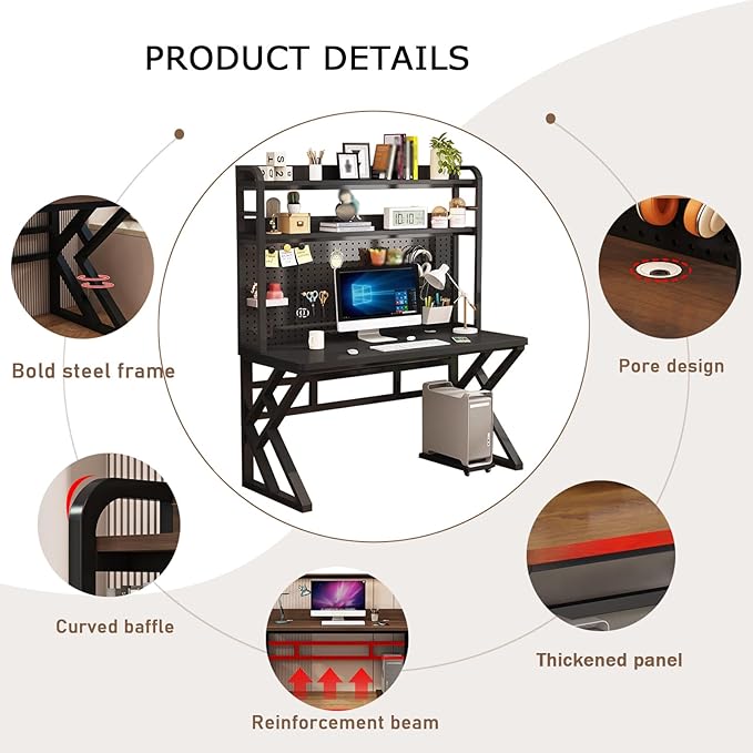 31.4in Gaming Desk with Bookshelf Combo Computer Desk with Pegboard Large Writing Table with Desktop Shelves Ample Leg Room for Home Office (Black 31.4in)