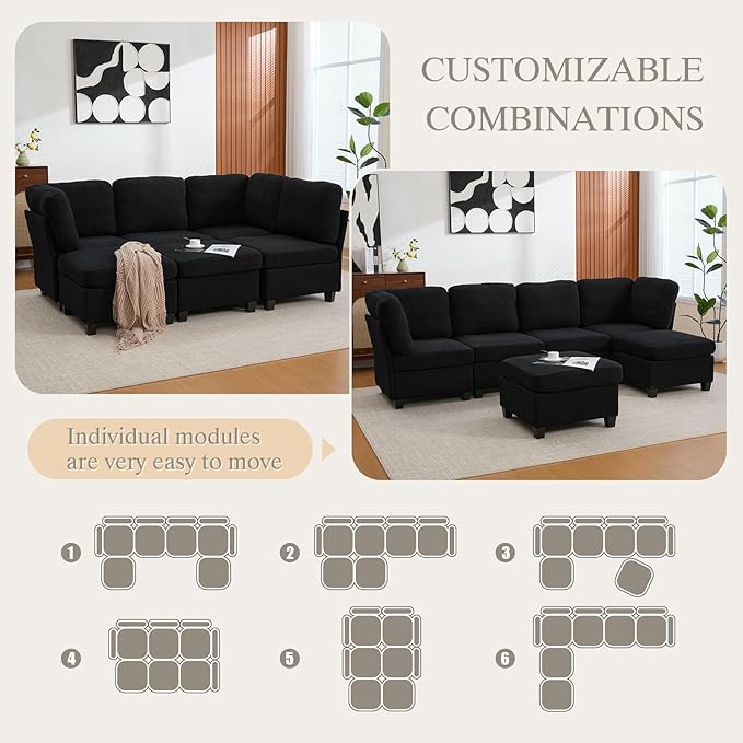 113.39 Modular Sectional Sofa 6 Seaters Sectional Sleeper Sofa U Shaped Couch Comfy Convertible Couches with Ottomans Oversized Modular Sofa with Large Storage for Living Room (Black)