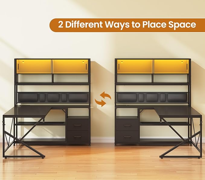 SEDETA L Shaped Gaming Desk Home Office Computer Desk with 2 Drawer and Bookshelf L Shaped Gaming Desk with LED Light Glass Cabinet and Storage Bag Corner Desk with Storage Shelves Black