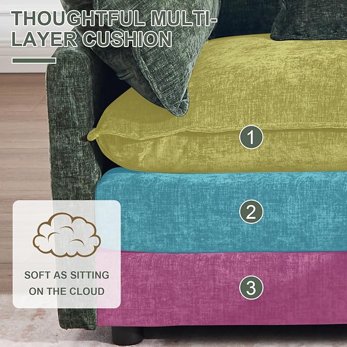 111.5 L Shaped Couch with Ottoman Chenille Cloud Sectional Sofas Modern Modular Sectional Sofa Deep 4 Seat Couches for Living Room Apartment Office Green