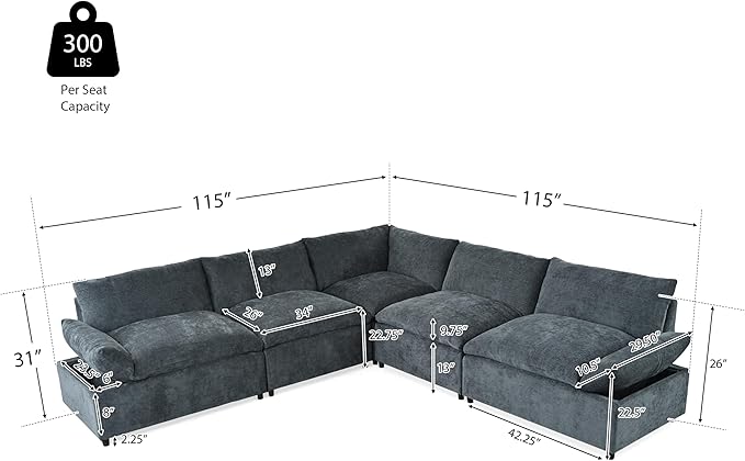 Merax 115.5 Modular Sectional Sofa Upholstery 5 Seat Versatile Couch Set L Shaped Indoor Furniture with Plush Cushions Hidden Storage Compartments for Living Room Lounge or Office Dark Gray