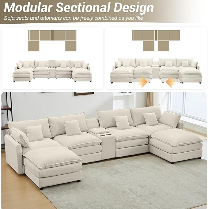 145 Oversized Modular Sectional Sofa U Shaped Cloud Couch 6 Seat Sofa Set for Living Room Comfy Fluffy Chenille Deep Seat with Storage Central Console Movable Ottomans Cup Holders USB Ports White