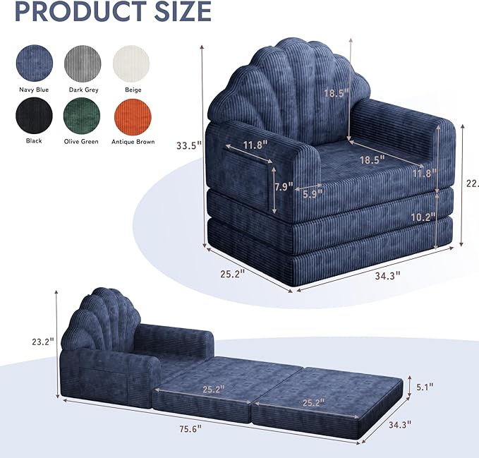 2-in-1 Folding Sofa Bed with Back Support 75 D x 34 W Convertible Futon Sleeper Chair for Adult Fold Out Bean Bag Floor Foam Lounger Couch for Living Room Bedroom Small Space Navy Blue