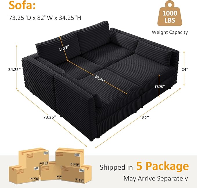 VANOMi 82 Modular Sectional Sofa Bed with Storage Ottomans Convertible Comfy 4-Seater Corduroy Cloud Couch Modern Sleeper Chaise for Living Room (Black Sleeper Bed-3)
