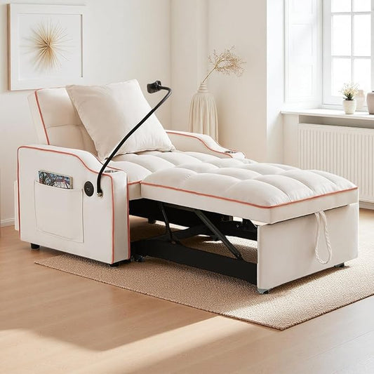 3 in 1 Convertible Sleeper Sofa Bed with Phone Holder 35'' Pull Out Sofa Bed Recliner with Adjustable Backrest Velvet Fabric Sleeper Couch Single Modern Chair for Small Space &amp RV Beige