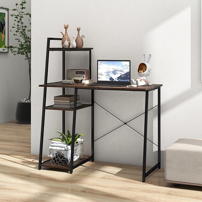 POWERSTONE 40 Computer Desk with 4-Tier Storage Shelves Home Office Corner Desk Writing Study Workstation Table for Small Space Brown
