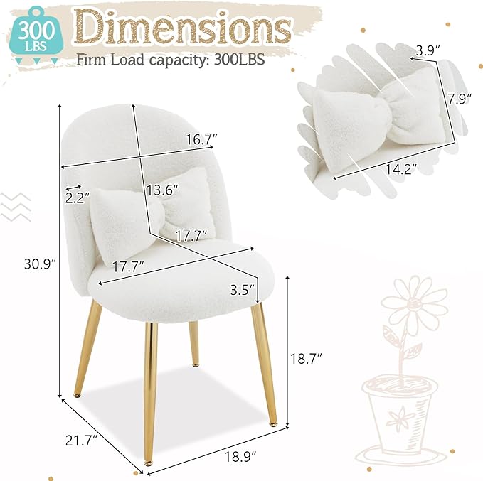 VINGLI Boucle Girls Vanity Chair with Back &amp PillowCute Small Cozy Desk Chair No WheelsComfy Makeup Ch with Ajustable Gold Legsfor BedroomLiving RoomSmall SpaceWhite