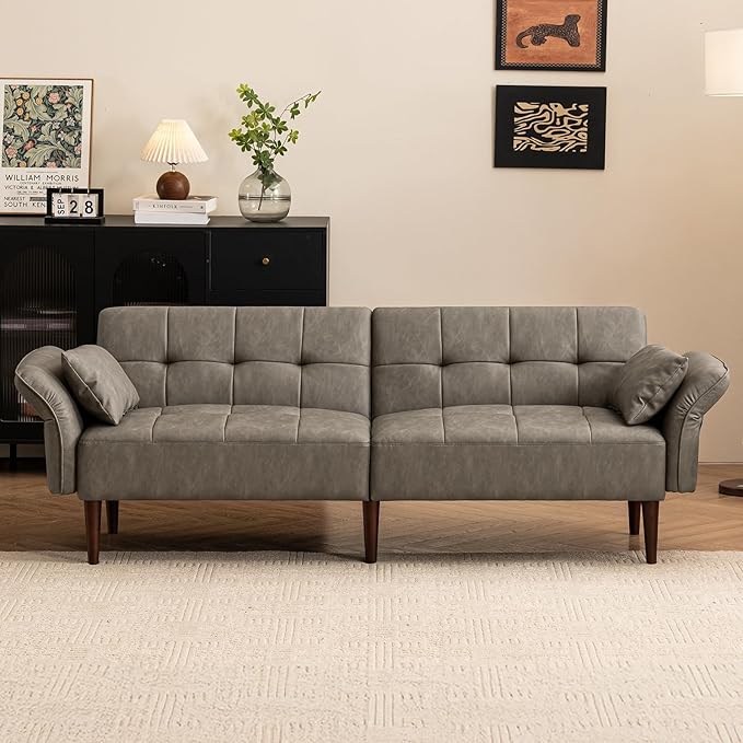 Futon Sofa Bed Sleeper Sofa Small Couch with Storage Adjustable Armrests Pillows Faux Leather Loveseat Mid Century Modern Couches for Living Room Bedroom Apartment Grey