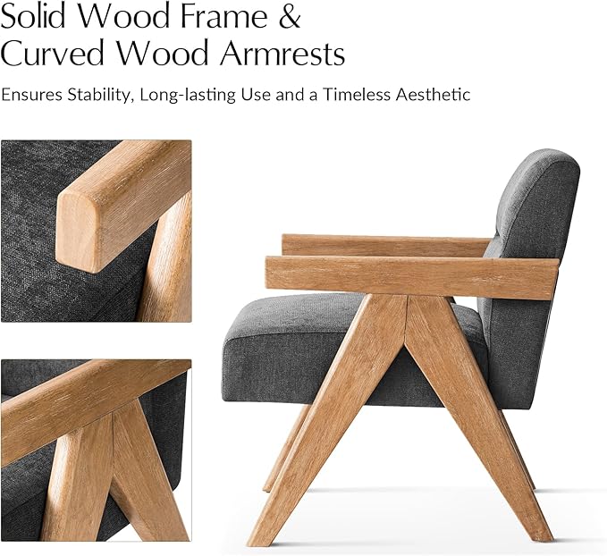 HULALA HOME Modern Accent Chair Upholstered Arm Chair with Solid Wood Frame Comfortable Padded Seat and Back for Living Room Bedroom Set of 2 Charcoal