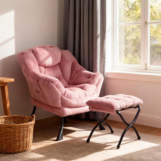 Welnow Lazy Chair with Ottoman Modern Accent Chair with Armrests and a Side Pocket Leisure Sofa Armchair Set Reading Armchair with Footrest for Small Space Plush Dark Pink