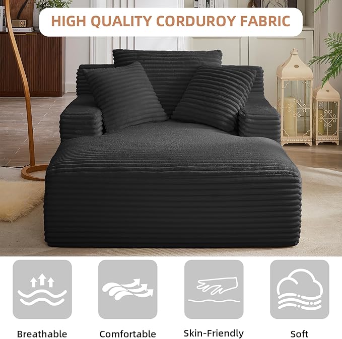 Oversized Chaise Lounge Chair Indoor Corduroy Sofa Bed with Throw Pillows Recliner Chair Comfy Large Deep Seat Sofa Couch for Living Room Bedroom Apartment (Black)