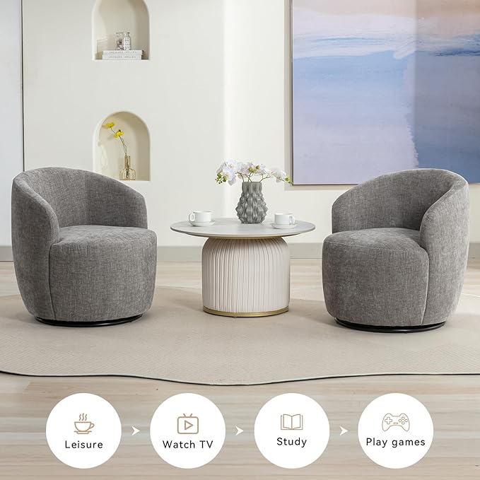 360 Degree Swivel Accent Chair Modern Barrel Vanity Chair with Back Comfy Single Circle Couch for Living Room Bedroom Reading Nook (Chenille Gray)