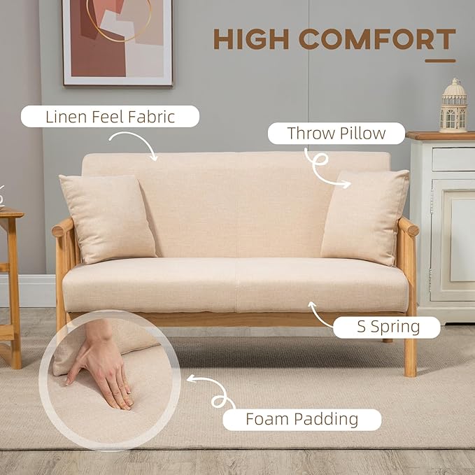 Modern Compact 48'' Loveseat with Linen Upholstery and Wood Legs Perfect for Bedroom Living Room Furniture (Beige)