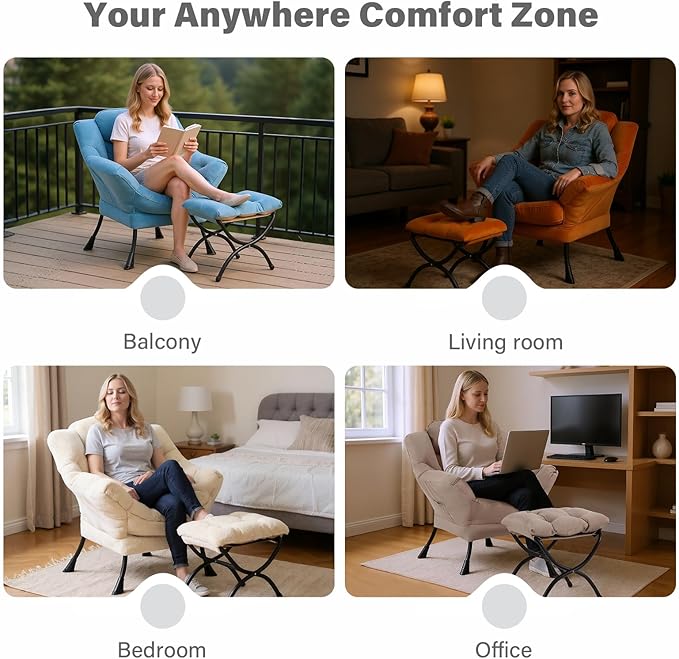 Tiita Lazy Chair with Ottoman Beige Modern Large Accent Chair Comfy Leisure Sofa Armchair with Ottoman Reading Chair with Footrest for Bedroom Living Room Dorm Rooms Velvet Beige