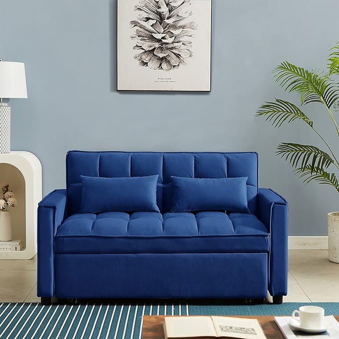 Sleeper Sofa Couch w/Pull Out Bed 55 Modern Velvet Convertible Sleeper Sofa Bed Small Love seat Sofa Bed with 2 Pillows &amp Side Pockets for Small Space Living Room Apartment Blue