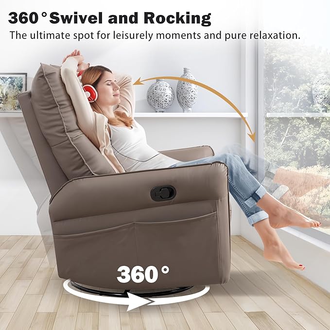 cinkehome Swivel Rocker Recliner Chair Modern Faux Leather Manual Recliner Glider Recliner 360 Swivel 30 Rocking Relaxing Living Room Bedroom
