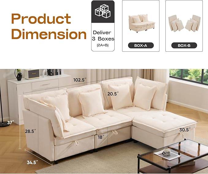 Modular Sectional Sofa 102.5 L-Shaped Cloud Couch with Storage 4-Seater Deep Seat Couch with Tufted Cushions &amp Removable Pillows Comfy Chenille Couches for Living Room Beige | Modern couch
