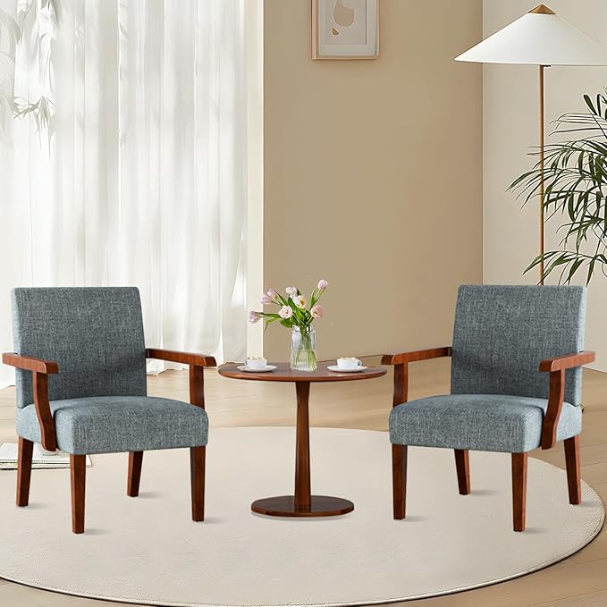 Modern Accent Chairs Set of 2 with Round Side Table Mid-Century Reading Leisure Arm Chair Fabric Upholstered with Solid Wood Armchair for Living Room Bedroom Office Apartment (Grey)