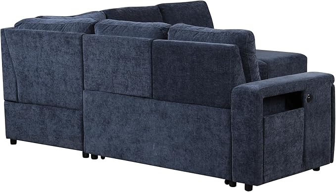 L-shaped Oversized Modular Padded Cloud Sectional Fabric Sofa Set with Pull Out Bed Convertible Sectional Couches with Storage Space USB Ports and Cup Holders for Living Room Office Blue