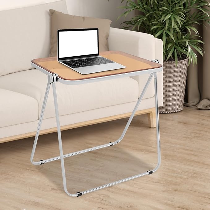 Folding TV Tray Table Acrylic Foldable Desk No Assembly Required Mini Folding Desk for Home Office Living Room Bed Room Outdoor (Silver + Clear + Tan)