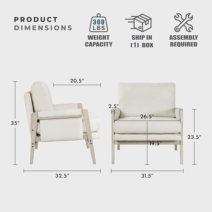 Lexicon Living Room Accent Chair with Wire-Brushed Light Brownish-Gray Wood Frame Chenille Upholstered Arm Chair with Wrapped Arm Rest Thick Seat Cushion Cream