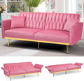 70” Velvet Futon Sofa Bed with 2 Pillows and Adjustable Armrests Convertible Sleeper Bed Modern Loveseat for Living Room Bedroom Pink