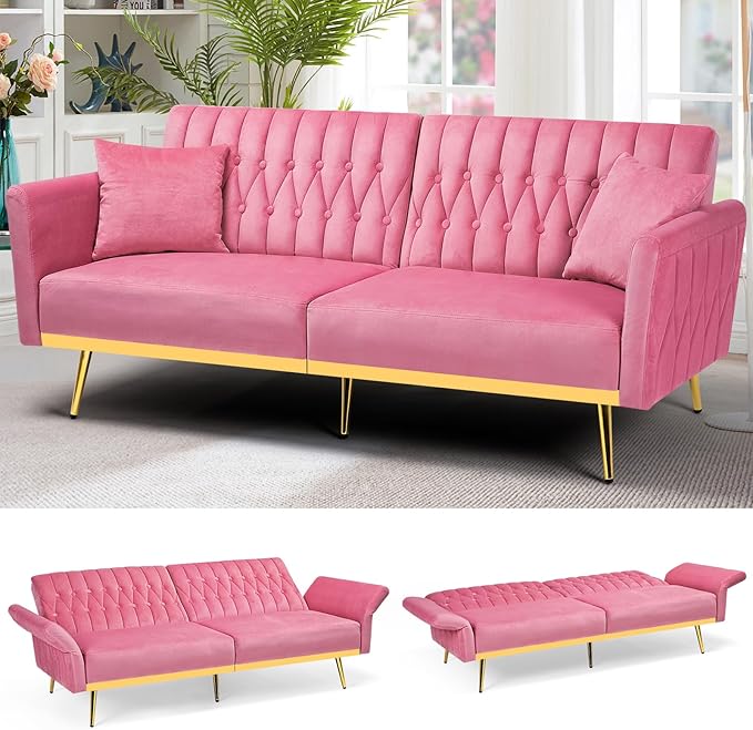 70” Velvet Futon Sofa Bed with 2 Pillows and Adjustable Armrests Convertible Sleeper Bed Modern Loveseat for Living Room Bedroom Pink