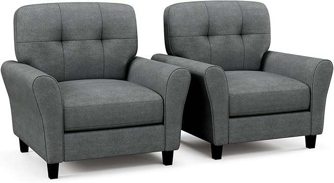 Giantex Modern Mid-Century Accent Chair Set of 2 - Linen Living Room Chair with Tufted Back 7 Thick Cushion Max Load 400 lbs Upholstered Armchair Club Chair for Bedroom Grey